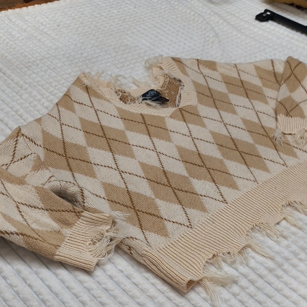 Distressed Beige Argyle Sweater XL Y2K Blokecore Whimsygoth - Picture 5 of 12